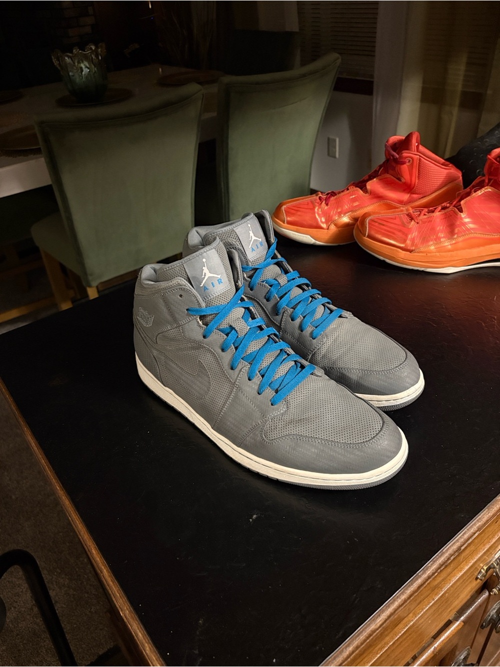 Jordan Men’s Gray Mid-Top Sneakers with Blue Laces